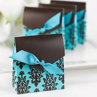   Turquoise Aqua & Brown Damask Tent Wedding Favor Boxes Kit with Ribbon