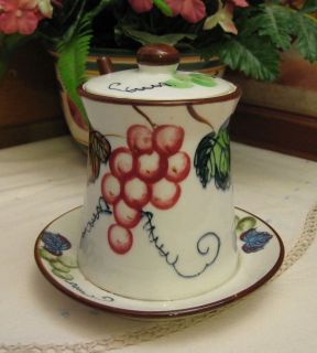 Vintage ESD Japan Pottery Jam Pot Hand Painted Grapes & Leaves With 