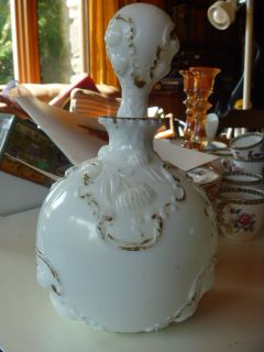   milk glass cologne or barbers bottle with stopper; clover pattern