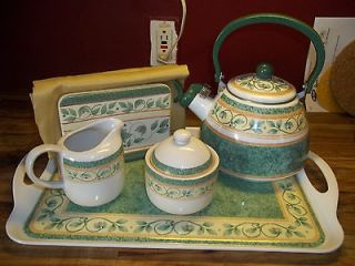  Set Serving Tray Teapot, Creamer, Sugar Dish, Cloth Napkins & Holder