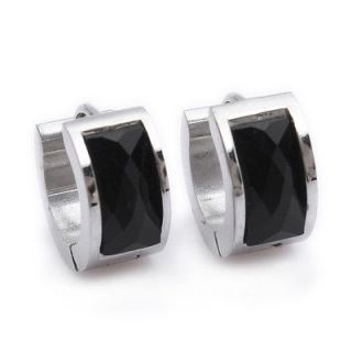 Black Crystal Silver Charm Stainless Steel Stud Hoop Mens Earrings E92
