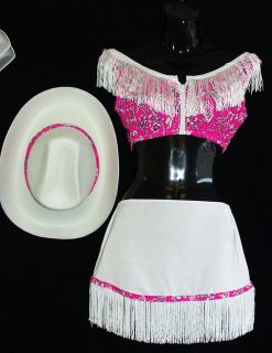 Sexy Halloween Costume Pink & White Fringed Cowgirl w/Hat~S/M & M/L 
