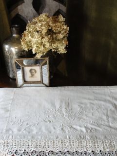 19th Century FINE LINEN Antique White Embroidered Sheet Sonni Felici
