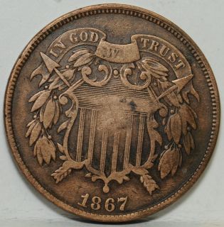 1867 Two Cent Piece   Very Fine   cleaned