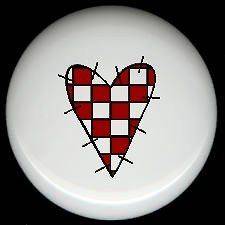 WHITE and RED CHECKED Primitive Stitched HEART ~ Ceramic Drawer Knobs 