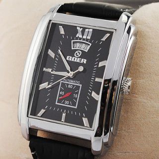  Black Leather Mens Automatic Mechanical Date Square Wrist Watch Gift