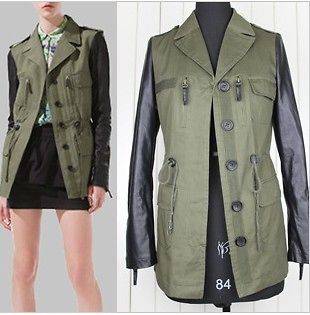 2012 New Army Green Womens PU Leather Sleeve Jacket coat Trench 
