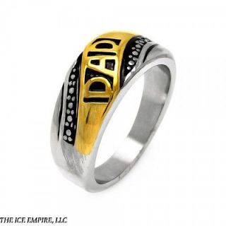   Steel Mens Band Ring w/ DAD written in Gold tone letters Father