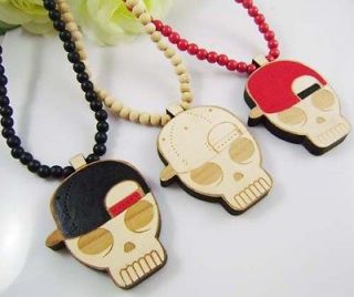   Snapback Skull Necklace Pendant Good Wood Beads Rosary Chain Necklace