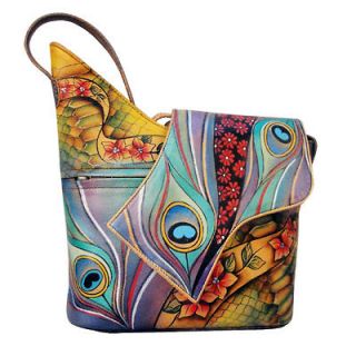 Anuschka Leather Cross Body Shoulder Bag Hand Painted Floral Peacock 
