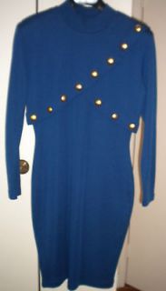 Vtg 80s Andrea Jovine Dress Sz Med Blue Wool