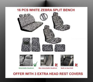 WHITE ZEBRA CAR SEAT COVERS WITH CAR MAT 16PC FOR SPLIT BENCH AIRBAGS 