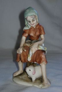  Vintage Norleans Japan Old Woman Lady Sitting With Pig 6 Porcelain 
