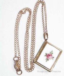 Victorian Gold Filled Guilloche Enamel Pink Rose Book Picture Locket # 
