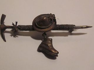 UNIQUE EARLY MINERS PIN WITH OLD C CLASP, AXE, HAT, ROPE AND BOOT