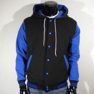 Mens New Varsity Letterman Hoodie Baseball Jacket (L/Black&Blue 