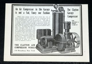 1911 OLD MAGAZINE PRINT AD, CLAYTON GARAGE AIR COMPRESSOR, NOT A FAD 