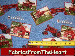 Farmall Tractors Farm Postcards on Blue Cotton Fabric