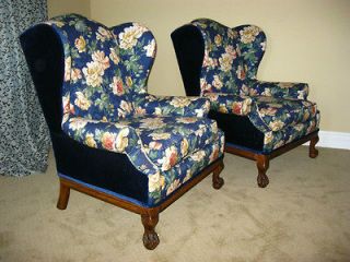 Pair Vintage Wingback CHAIRS Blue Velvet Upholstery UNIQUE French 