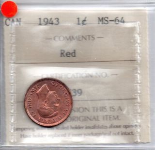 1943 Canada Red Penny, 1 cent, ICCS Graded MS 64
