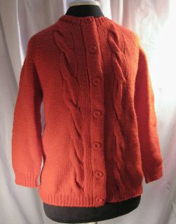 Vintage Hand Knit Orange Cable Rib Long Raglan Sleeve Cardigan Wool 