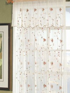 Embroidered Roses Floral Beige Window Curtain Panel 2PC