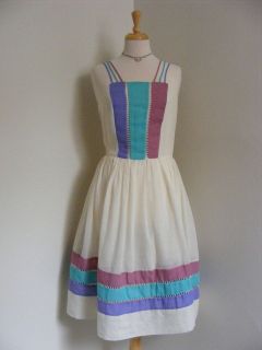 Vtg 70s SHEER Ivory Cotton Strappy SUN Dress M/L Purple BoHo