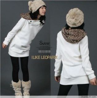 Womens Autumn Long Sleeves Hoodie Leopard White Sweatershirt Top 