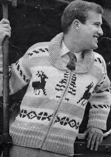 Vintage knitting pattern  mens christmas reindeer chunky jacket jumper 