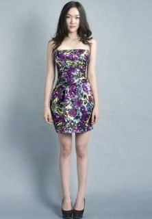 NWT BCBG Max Azria Grape Sateen Print Pleated Strapless Dress LCR6J752 