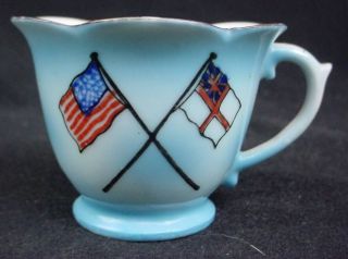 Antique WWI Hand Decorated Mug Cup Miniature US Flag & Englands Flag 