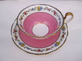 AYNSLEY ENG CHINA TEA CUP&SAUCER PINK WHITE BLACK GOLD VERY PRETTY 