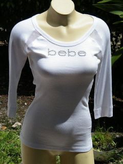 BEBE logo crystals t shirt v t 194647 TOP MESH CONTRAST WHITE 3/4 