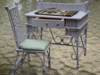  Miniatures ~ Handmade Uncle Ciggies Wicker Desk & Chair Set in White