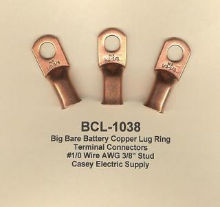 20 Big Bare Battery COPPER Lug Ring Terminal Connector #1/0 Wire 3/8 