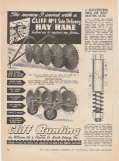 Vintage 1956 CLIFF BUNTING No 1 SIDE DELIVERY HAY RAKE Advertisement