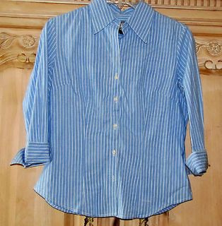 Steve & Barrys Fitted Blouse Shirt Blue and White Stripe 3/4 Sleeve 