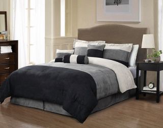11 Piece Queen Louis Micro Suede Black and Beige Bed in a Bag Set
