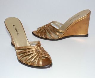 BEBE Metallic Gold Leather Wedge Heels Sandals size 5   TT120