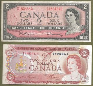 Lot of 2 Canadian Two $2 Dollar Bills   1954 and 1974   Canada
