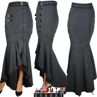 Steampunk Pinstripe Fishtail Long Skirt Punk Gothic Retro Rockabilly 