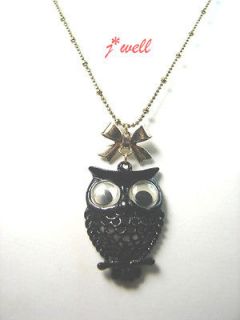 Betsey Johnson Black Cartoon Owl Ribbon Gold Chain Necklace *Gift 