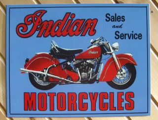 Indian Motorcycles Sales & Service Blue TIN SIGN vtg metal wall decor 