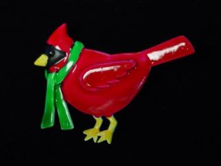 JJ Pewter CARDINAL Bird wearing Green Scarf Pin