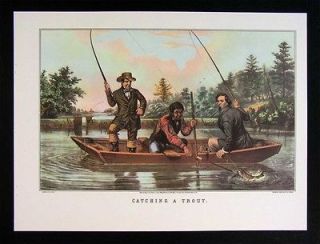 Currier & Ives Print   Catching a Trout   Fly Fishing from a Boat Fish 