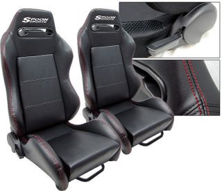 NEW 2 BLACK PVC LEATHER + RED STITCHING & LOGO RACING SEATS RECLINABLE 