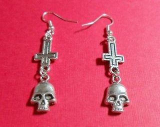 Inverted Cross Skull Earrings Gothic Silver Satanic 666 Witch Punk 