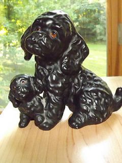 Vintage Ceramic Cocker Black Spaniel Mom & Puppy Made in Japan 