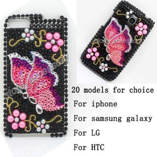 Pink Butterfly Bling Crystal Plastic Back Case Cover For Mobile Cell 