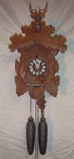 Vintage Black Forest 8 day Oak Leaf Hunter Cuckoo Clock Runs Well